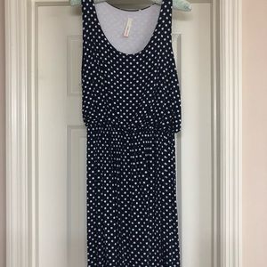 Blue with white polka dots mid length dress